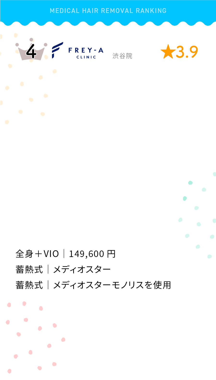 4位RIZE(リゼ）渋谷井の頭通り院★3.9全身+VIO|349,800円〜。蓄熱式・熱破壊式|ラシャ。熱破壊式|ジェントルヤグプロ。熱破壊式|ライトシェアデュエット。蓄熱式|メディオスターを使用。