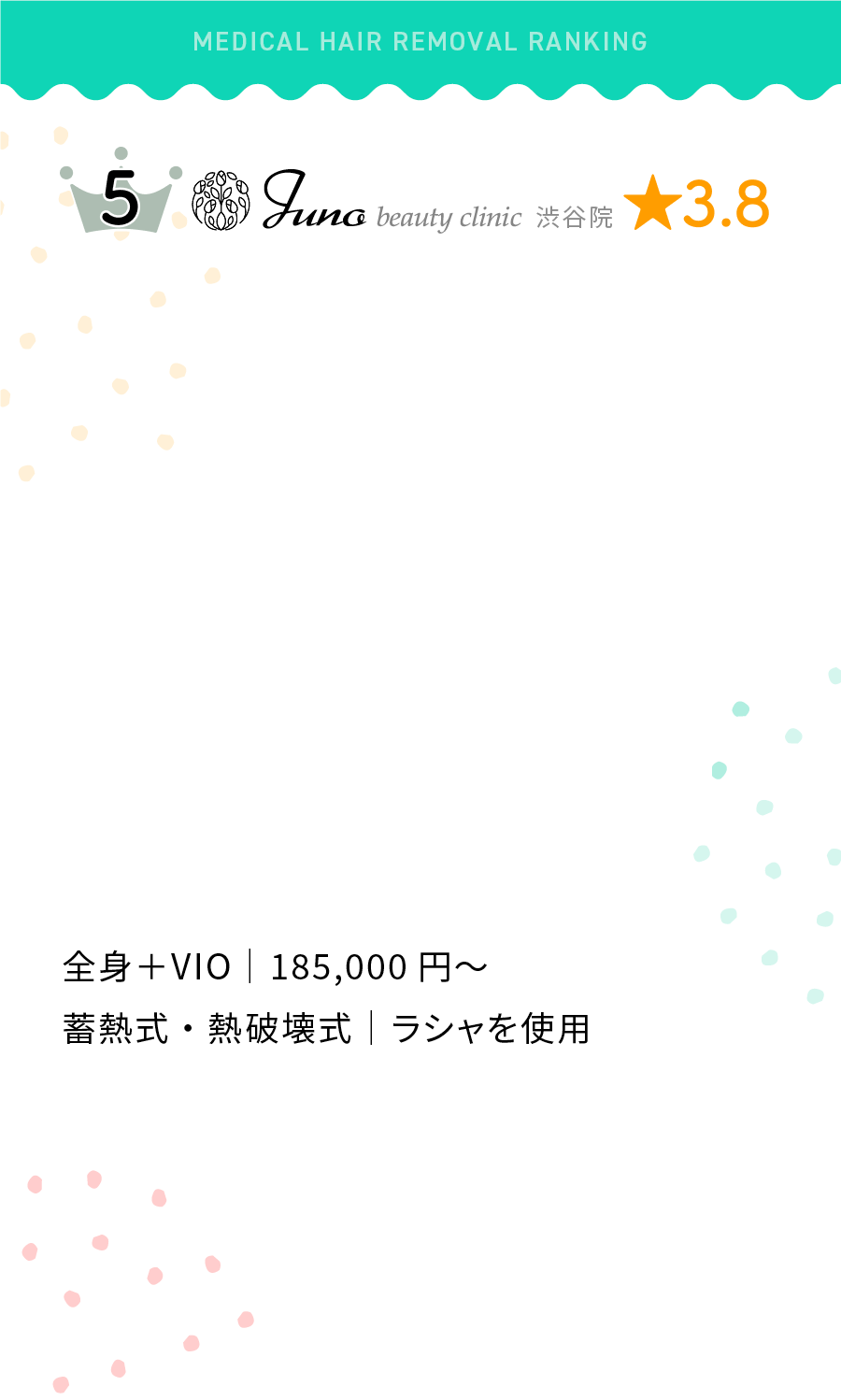 5位FREY-A CLINIC渋谷院★3.8全身+VIO|149,600円。蓄熱式|メディオスター。蓄熱式|メディオスターモノリスを使用