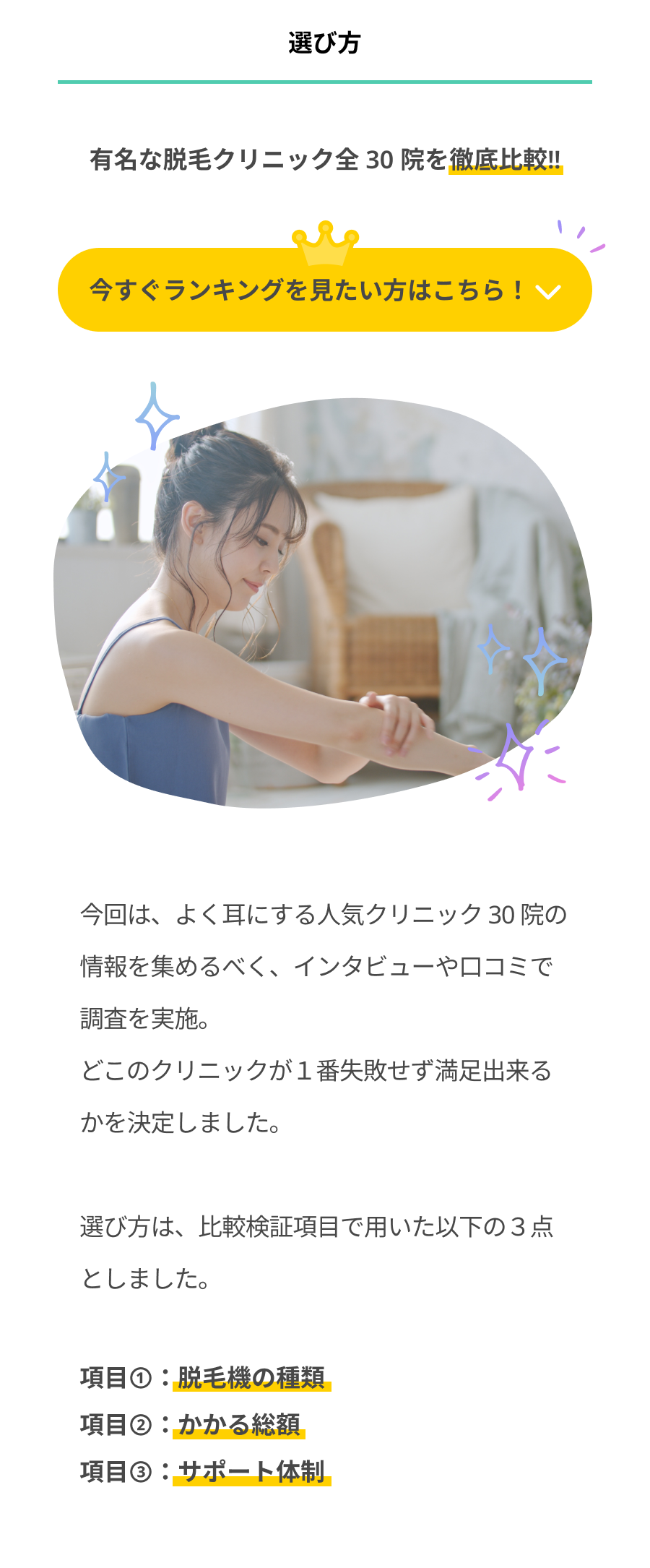 有名な脱毛クリニック全30院を徹底比較！比較検証比較検証項目で用いたかの3点で選びました。項目①脱毛機の種類　②痛みの少なさ　③無料サポート