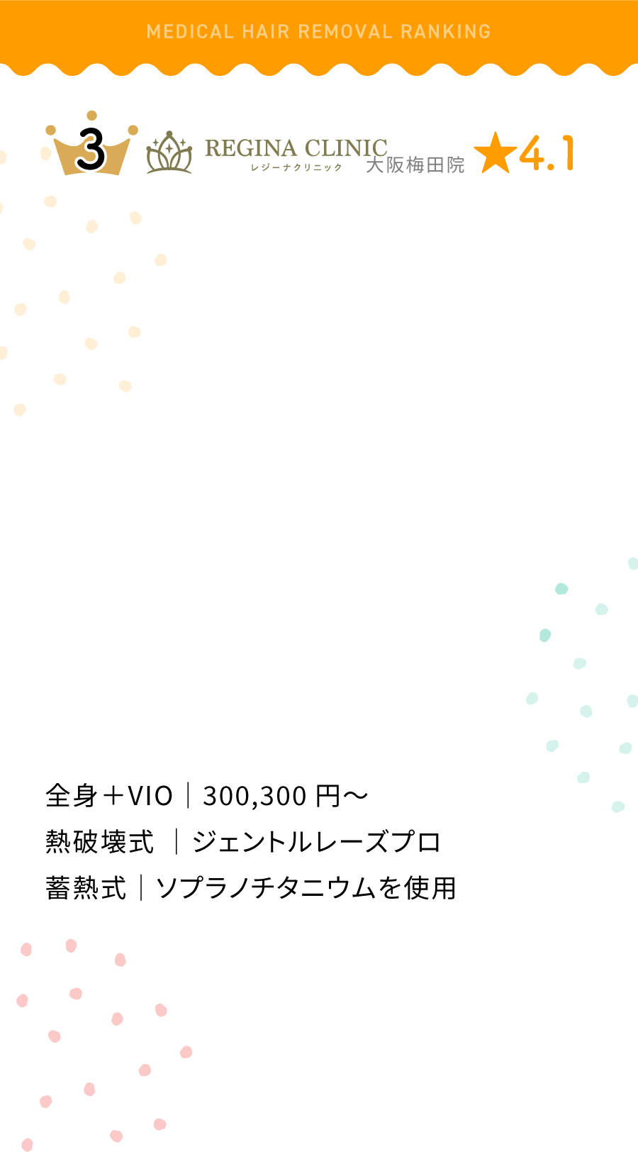 3位REGINA CLINIC(レジーナクリニック)新宿院★4.1全身+VIO|300,300円〜。熱破壊式|ジェントルレーズプロ。蓄熱式|ソプラノチタニウムを使用。
